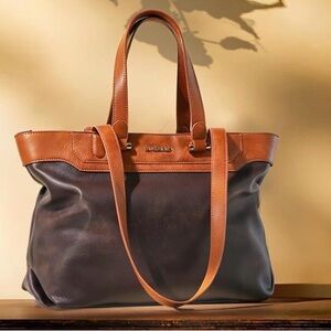 Leather Two-Tone Tote Bag – Brown/Cognac